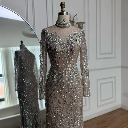 Luxury Silver Nude Beaded Mermaid Evening Dress LA73083 - SERENE HILL