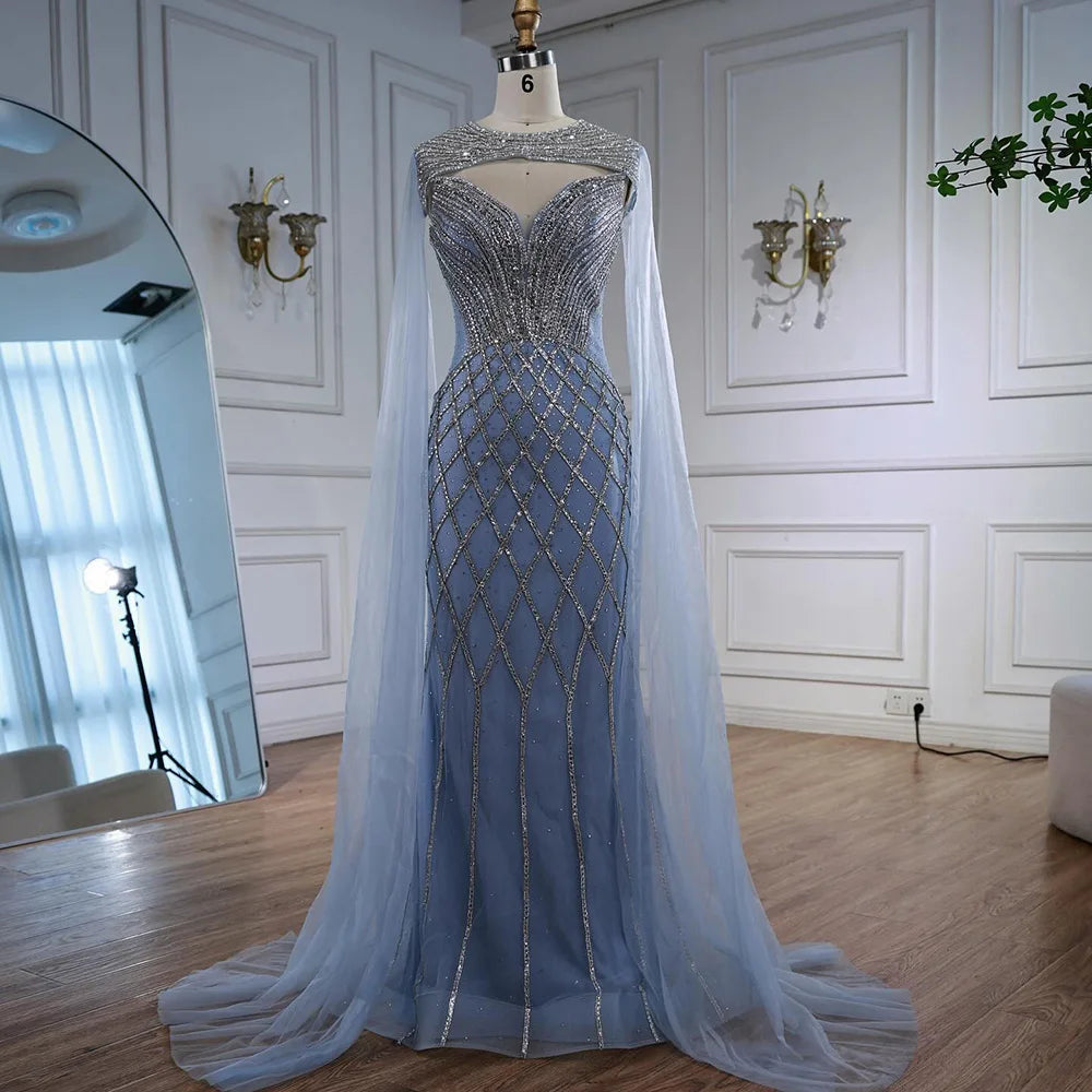 Luxury Nude Beaded Mermaid Evening Dress with Cape LA72814 - SERENE HILL