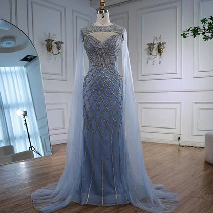 Luxury Nude Beaded Mermaid Evening Dress with Cape LA72814 - SERENE HILL