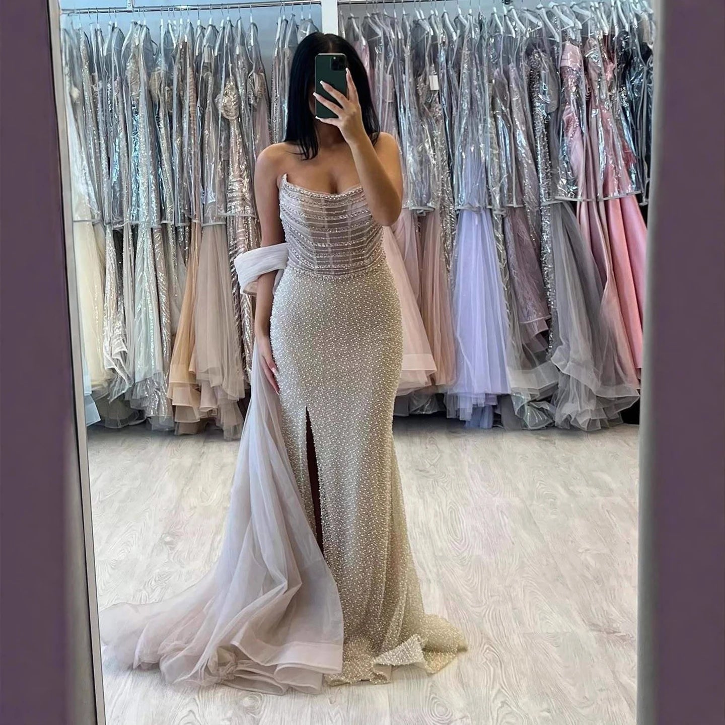 Luxury Evening Dress Nude BeadedSheath Gown With Tulle Train LA73388 - SERENE HILL