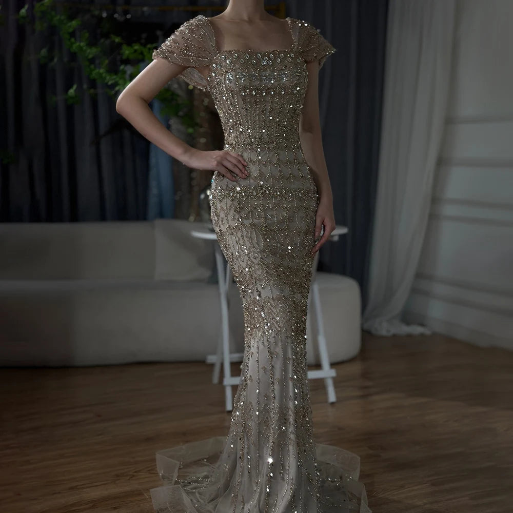 Luxury Dubai White Mermaid Beaded Evening Dress with Cape Sleeves LA72714 - SERENE HILL