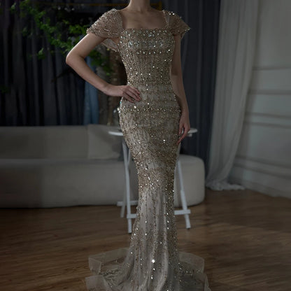Luxury Dubai White Mermaid Beaded Evening Dress with Cape Sleeves LA72714 - SERENE HILL