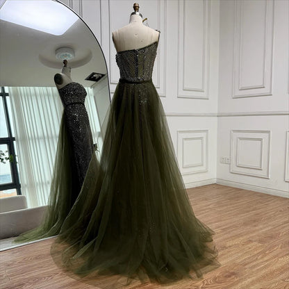 Luxury Olive Green Beaded Mermaid Evening Dress with Detachable Overskirt LA73164A - SERENE HILL