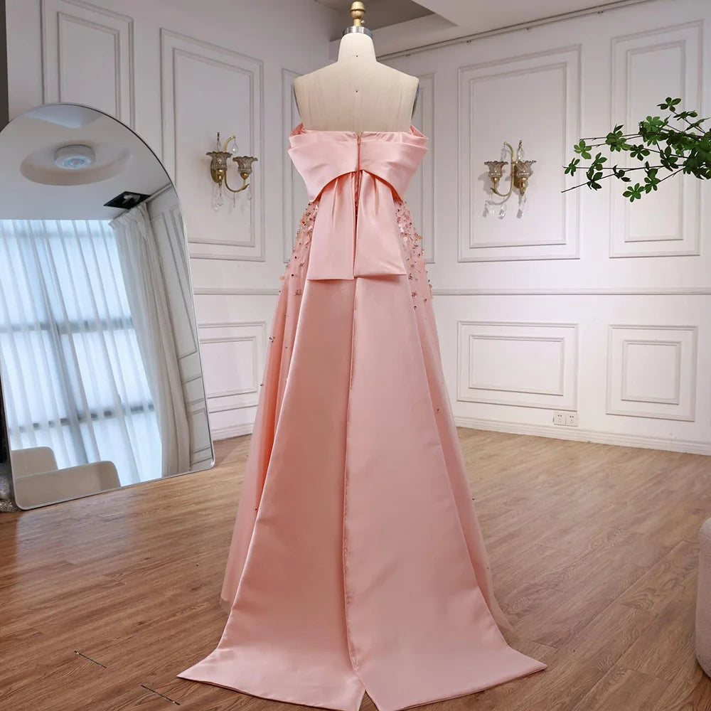 Arabia Peach Off the Shoulder A Line Satin Appliques Evening Dress Gown LA72830 - SERENE HILL
