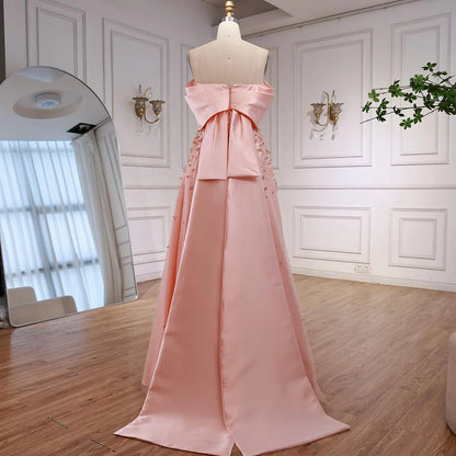 Arabia Peach Off the Shoulder A Line Satin Appliques Evening Dress Gown LA72830 - SERENE HILL
