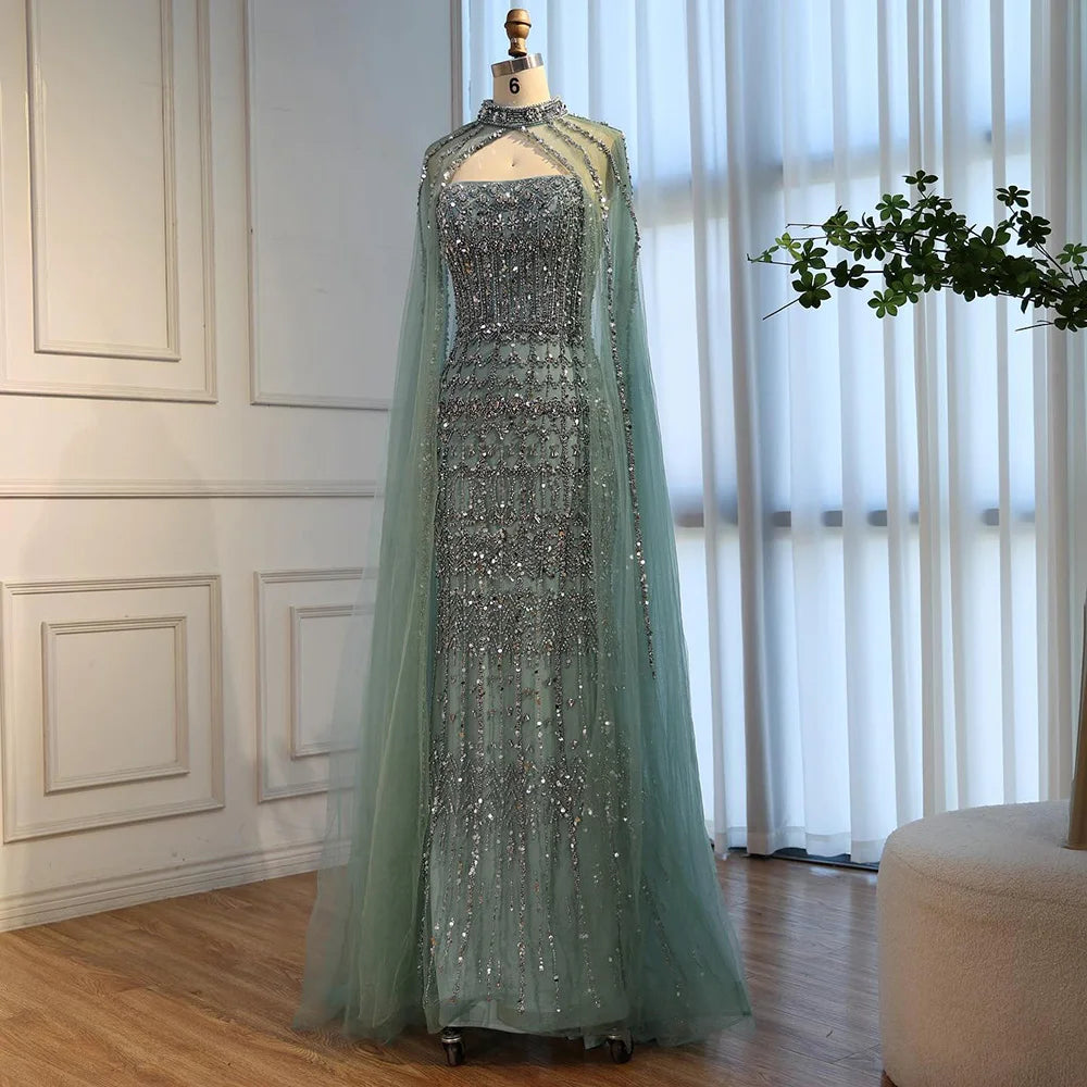 Luxury Turquoise Beaded Evening Dress with Detachable Cape LA72714B - SERENE HILL