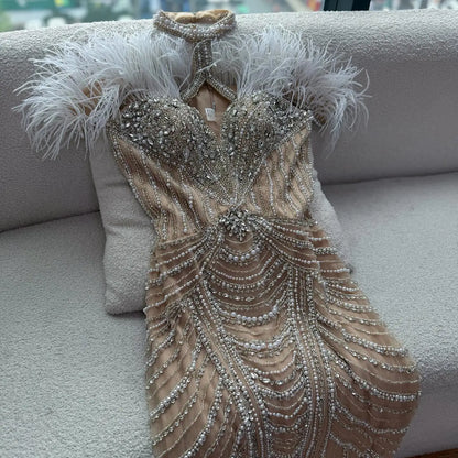 Luxury Pink Feather Halter Beaded Evening Gown for Wedding Party LA73212 - SERENE HILL
