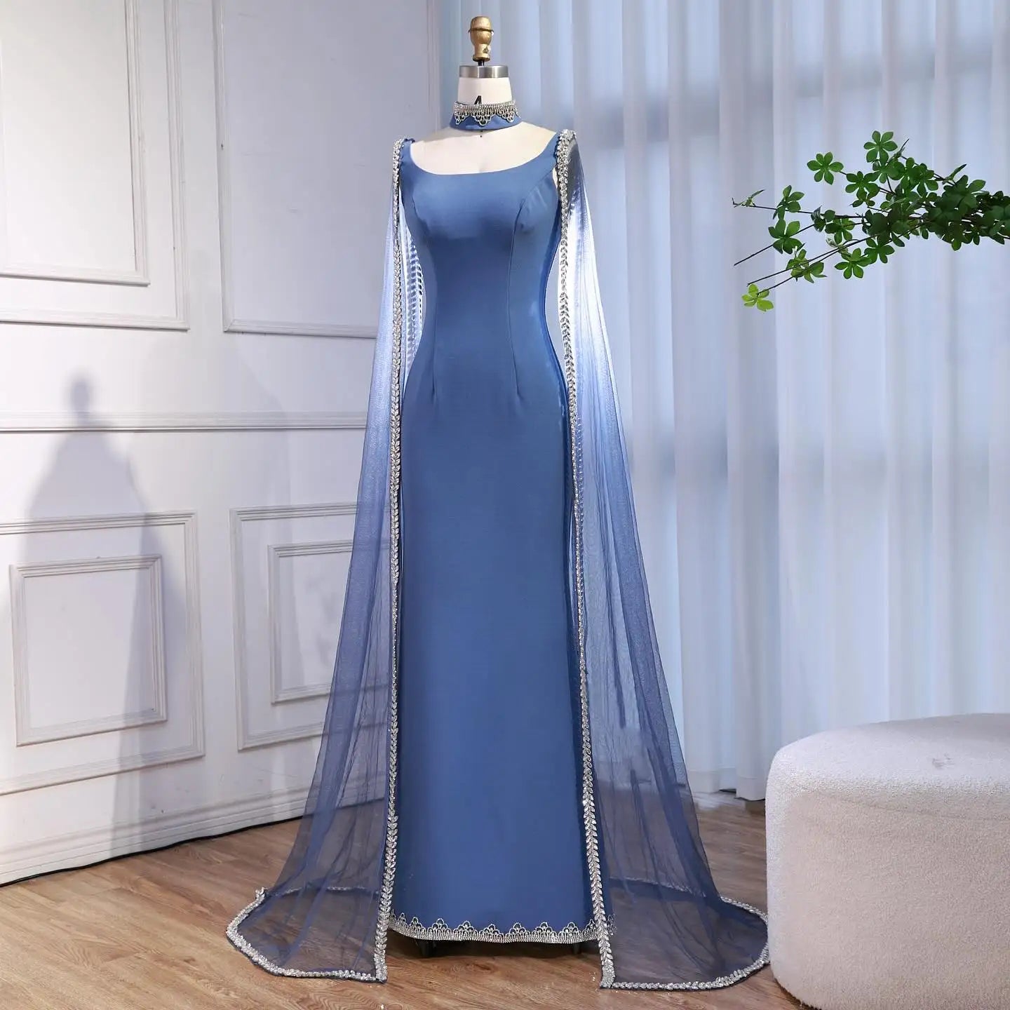 Luxury Blue Mermaid Beaded Evening Dress with Cape Sleeves LA72086 - SERENE HILL