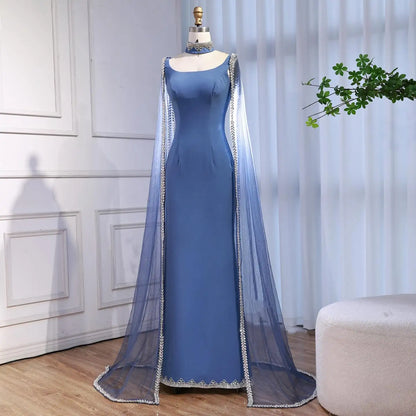 Luxury Blue Mermaid Beaded Evening Dress with Cape Sleeves LA72086 - SERENE HILL