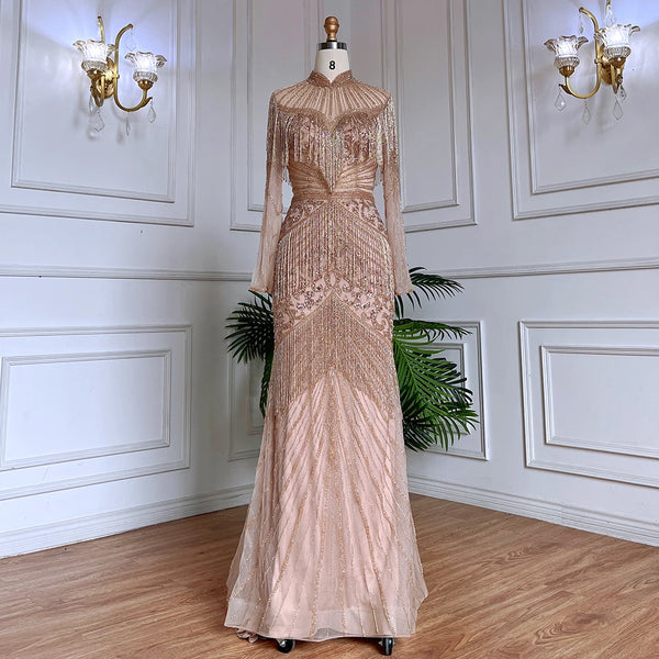 Luxury Blue Beaded Tassel Mermaid Evening Dress Dubai Style LA71986