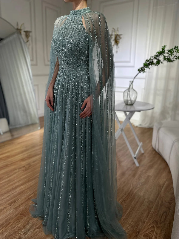 Luxury Caramel A-Line Cape Sleeve Beaded Evening Dress LA72306B