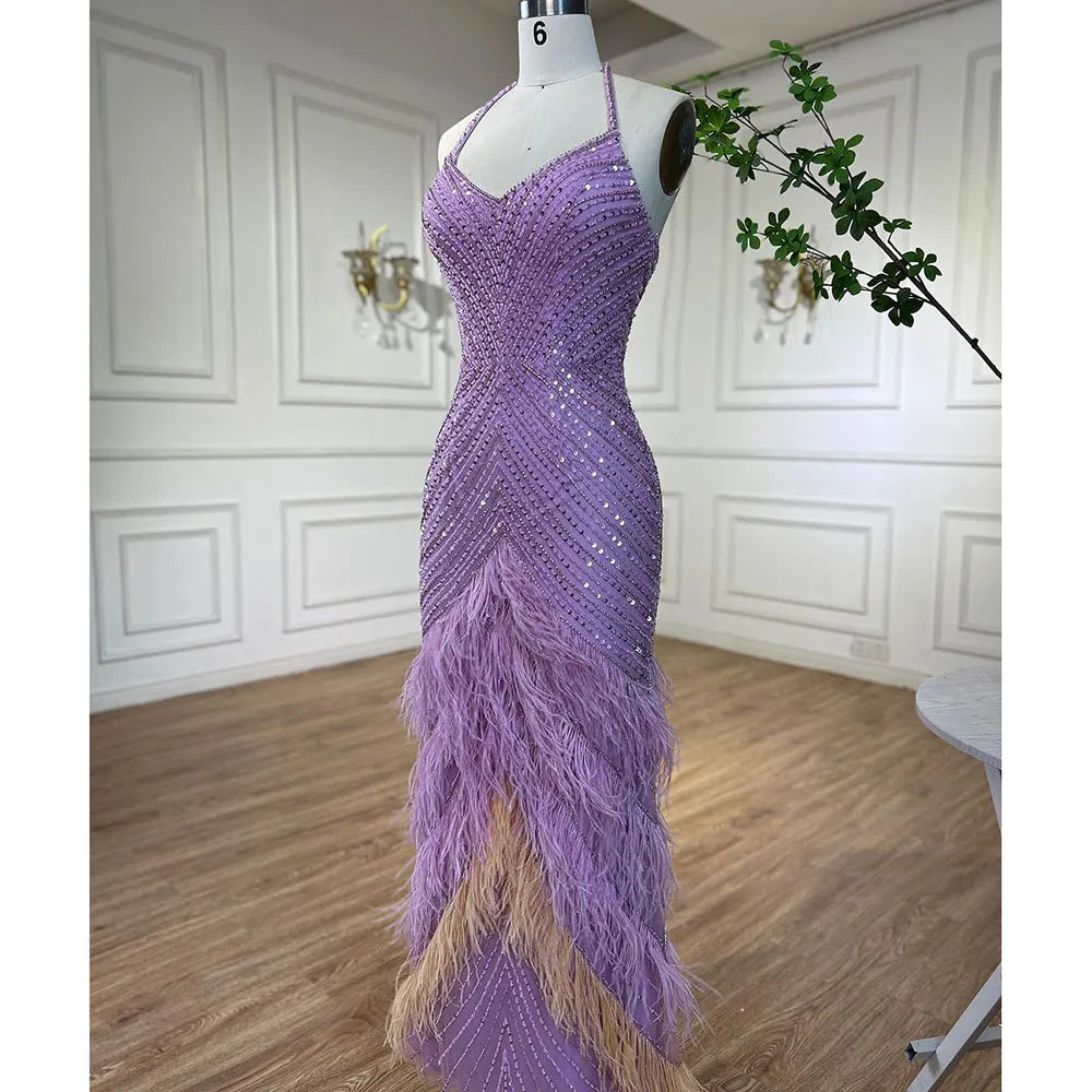 Lilac Feather Halter Mermaid Luxury Dubai Evening Dress LA72056 - SERENE HILL