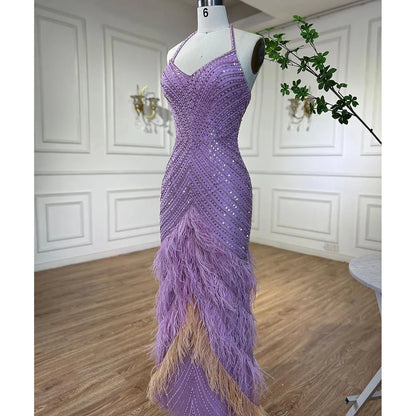 Lilac Feather Halter Mermaid Luxury Dubai Evening Dress LA72056 - SERENE HILL