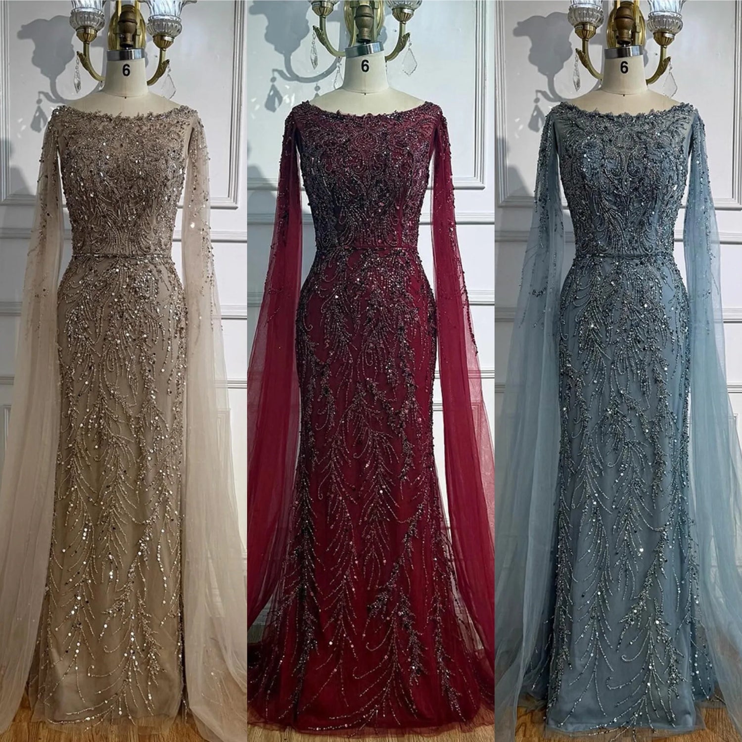 Luxury Caramel Beaded Evening Dress with Cape Sleeves LA73078 - SERENE HILL