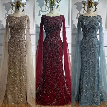 Luxury Caramel Beaded Evening Dress with Cape Sleeves LA73078 - SERENE HILL