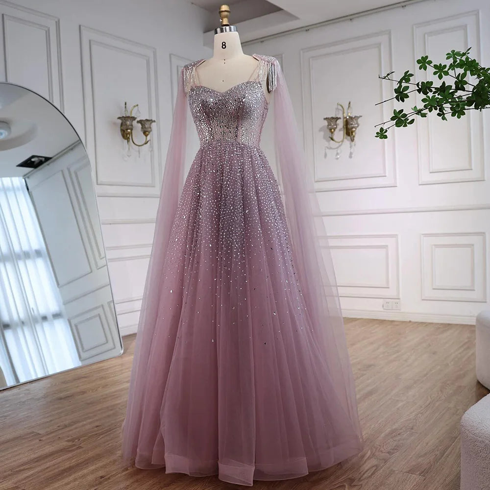 Luxury Pink Tulle Beaded A-Line Evening Dress with Cape Sleeves LA73072 - SERENE HILL