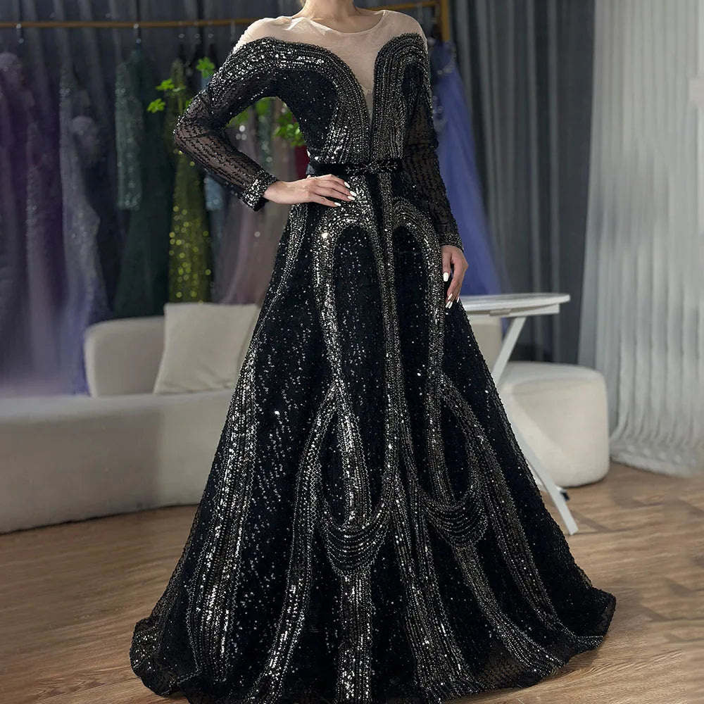 Serene Hill Arabic Elegant Black A Line Shiny Beaded Luxury Dubai Evening Dresses Gowns For Women Wedding Party 2025 LA72566 - SERENE HILL