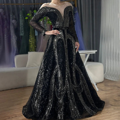 Serene Hill Arabic Elegant Black A Line Shiny Beaded Luxury Dubai Evening Dresses Gowns For Women Wedding Party 2025 LA72566 - SERENE HILL