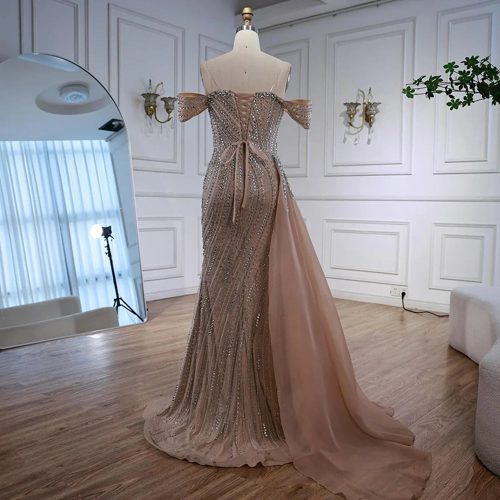 Luxury Nude Beaded Mermaid Evening Dress with Overskirt LA72911 - SERENE HILL