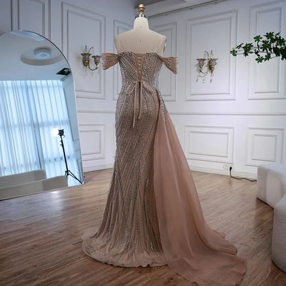 Luxury Nude Beaded Mermaid Evening Dress with Overskirt LA72911 - SERENE HILL