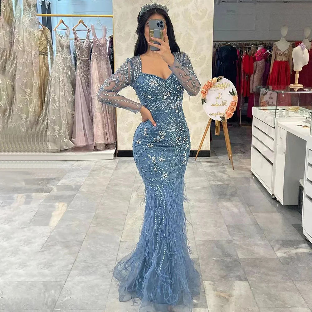 Arabic Blue Feather Beaded Mermaid Evening Dress for Women LA71818 - SERENE HILL