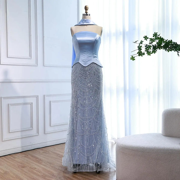 Blue Arabic Dubai Designer A-Line Evening Dress for Women Party LA73216