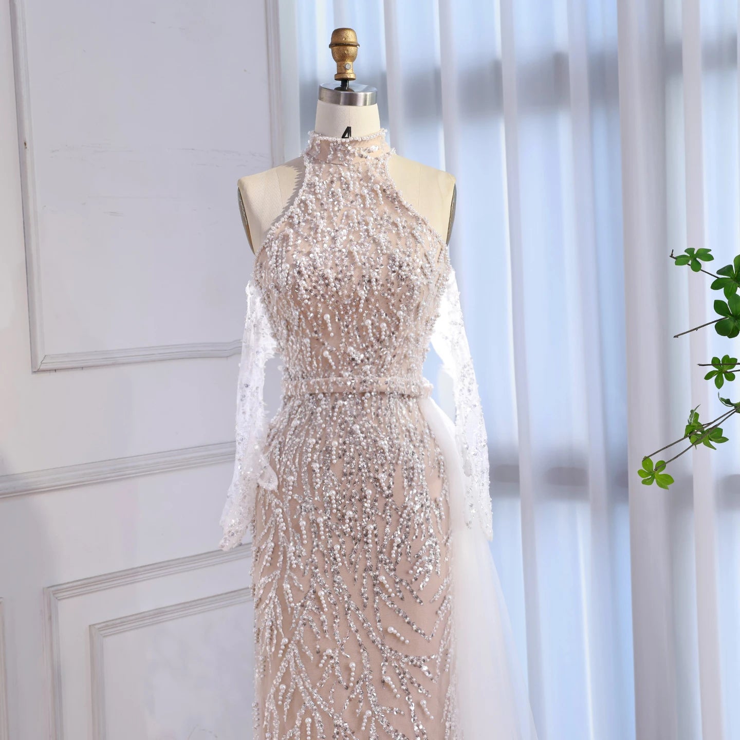 Luxury Lace Pearls Halter Mermaid Evening Dress With Glove White Nude LA72345F - SERENE HILL