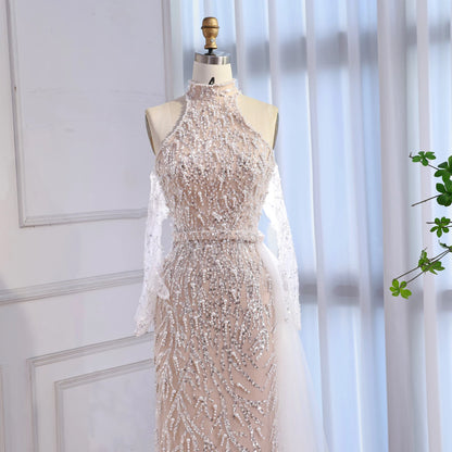Luxury Lace Pearls Halter Mermaid Evening Dress With Glove White Nude LA72345F - SERENE HILL