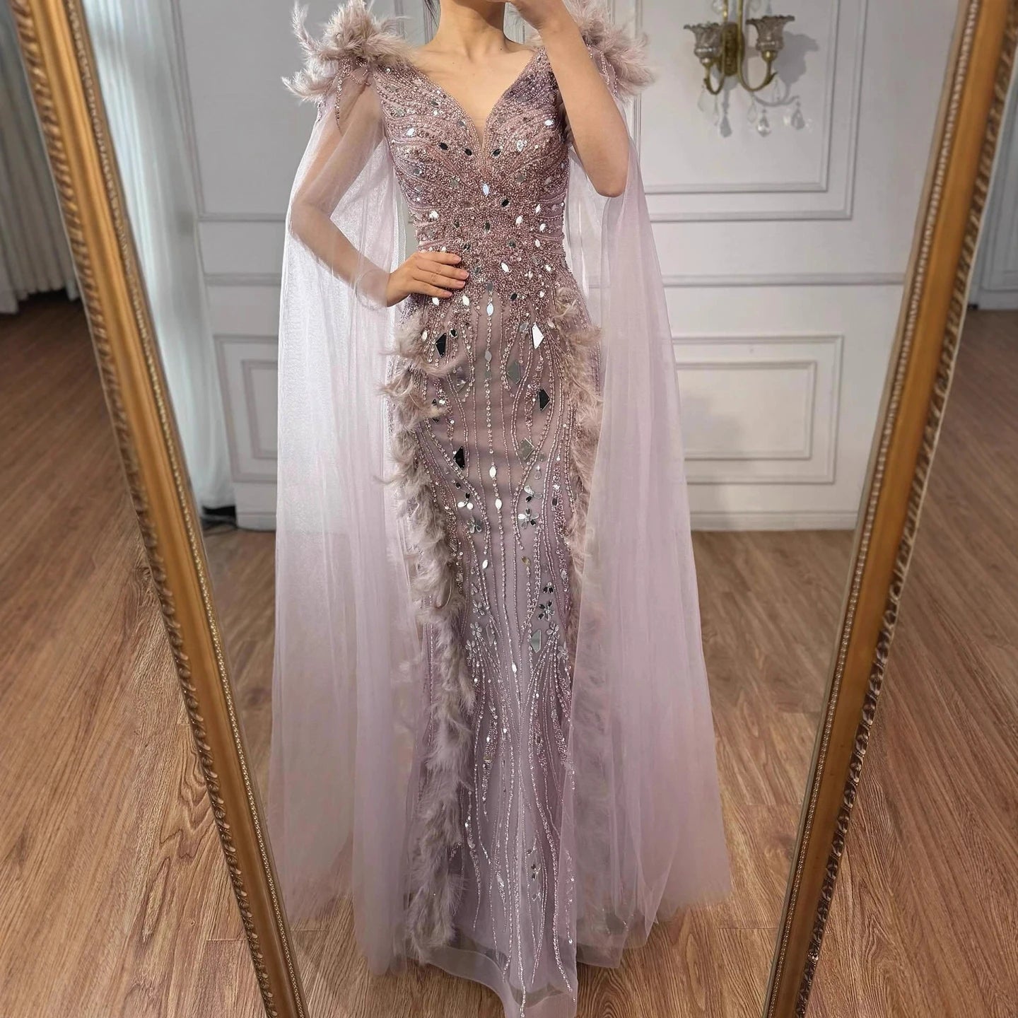 Luxury Caramel Feather Mirror Beaded Mermaid Evening Dress With Cape LA73328 - SERENE HILL