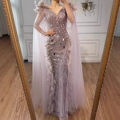 Luxury Caramel Feather Mirror Beaded Mermaid Evening Dress With Cape LA73328 - SERENE HILL