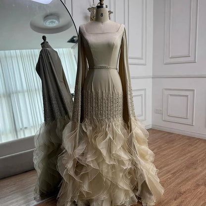 Elegant Nude Beaded Evening Dress with Cape Sleeves LA72317C - SERENE HILL