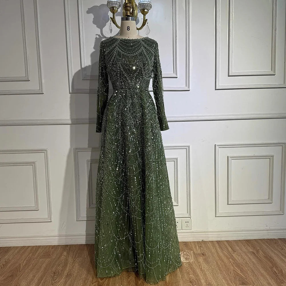Luxury Olive Green Beaded A-Line Modest Evening Dress Plus Size LA72738B - SERENE HILL