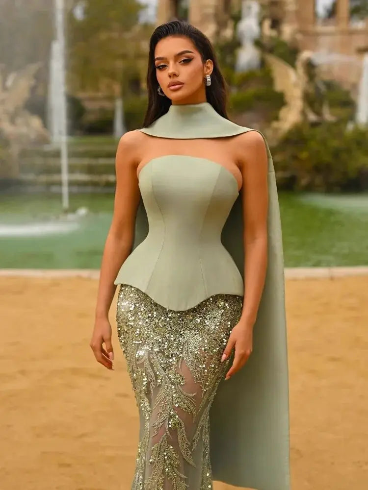 Luxury Sage Green Beaded Mermaid Evening Dress with Cape Collar LA73110 - SERENE HILL
