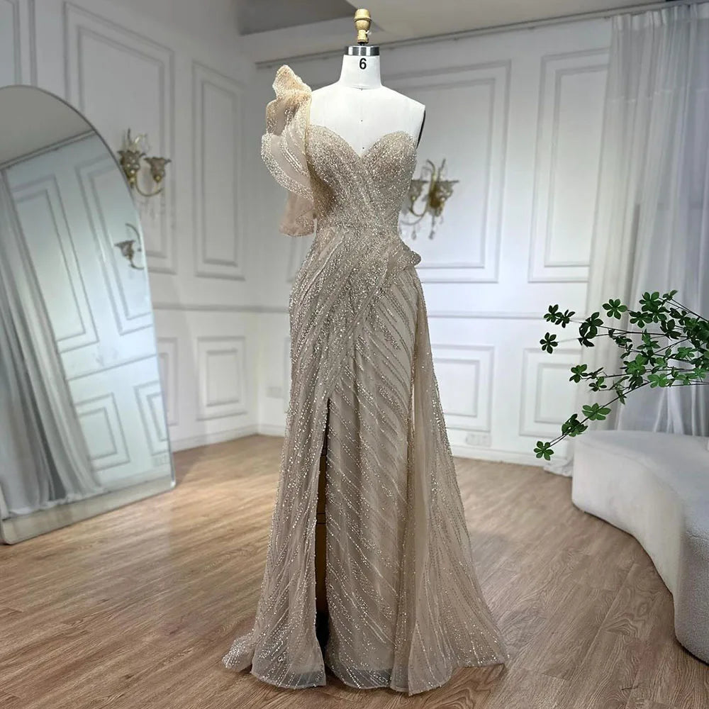 Serene Hill One-Shoulder nude Mermaid With Overskirt Beaded Evening Dress Gown for Women&