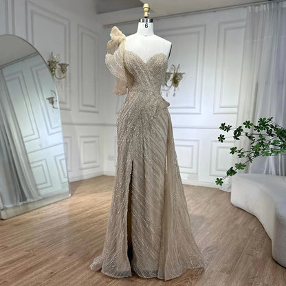 Serene Hill One-Shoulder nude Mermaid With Overskirt Beaded Evening Dress Gown for Women&