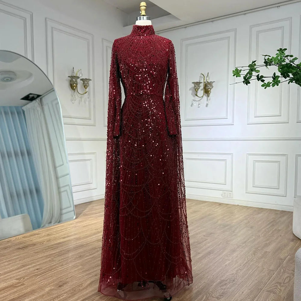 Luxury Dubai Muslim Sage Green Pearls Evening Dress With Cape Plus Size LA72591 - SERENE HILL