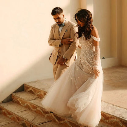 Pearls White Nude Arabic Evening Dresses with Gloves LA72009 - SERENE HILL