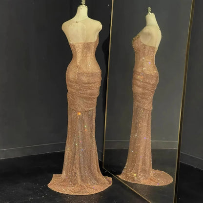 Luxury Saudi Arabic Nude Beaded High Split Evening Dress LA73436 - SERENE HILL