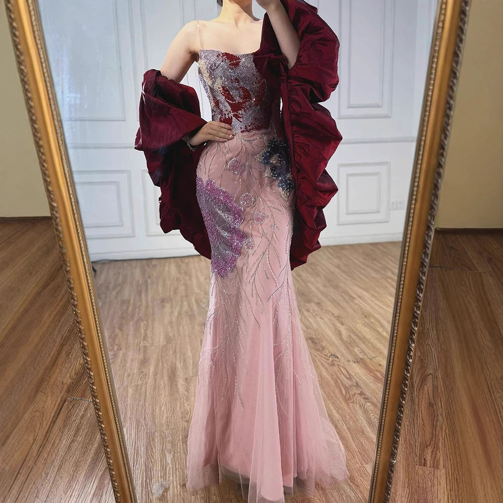 Luxury Designer Dreamy Pink Evening Dress With Cape Sleeves LA72850 - SERENE HILL