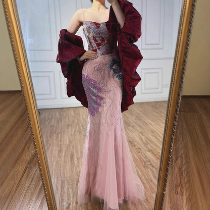 Luxury Designer Dreamy Pink Evening Dress With Cape Sleeves LA72850 - SERENE HILL