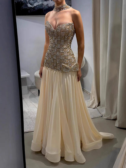 Luxury Champagne A-Line Crystal Beaded Evening Dress LA73361 - SERENE HILL