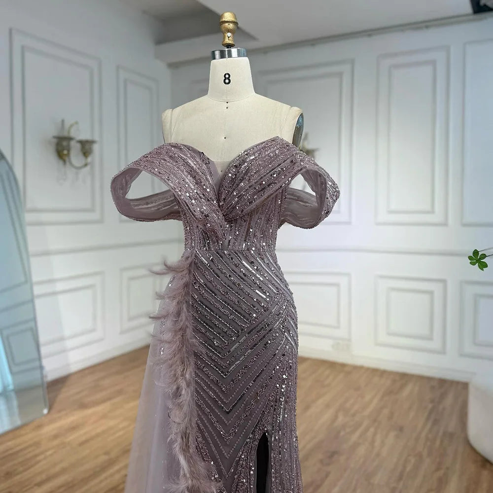 Luxury Pink Off Shoulder Beaded Feather Mermaid Evening Dress LA73111 - SERENE HILL