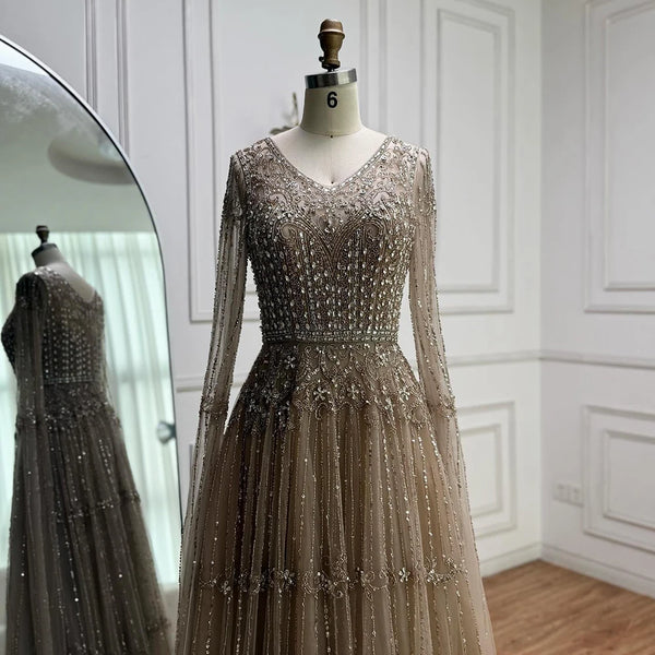 Elegant A-Line Beaded Evening Dress with Cape Sleeves LA73075