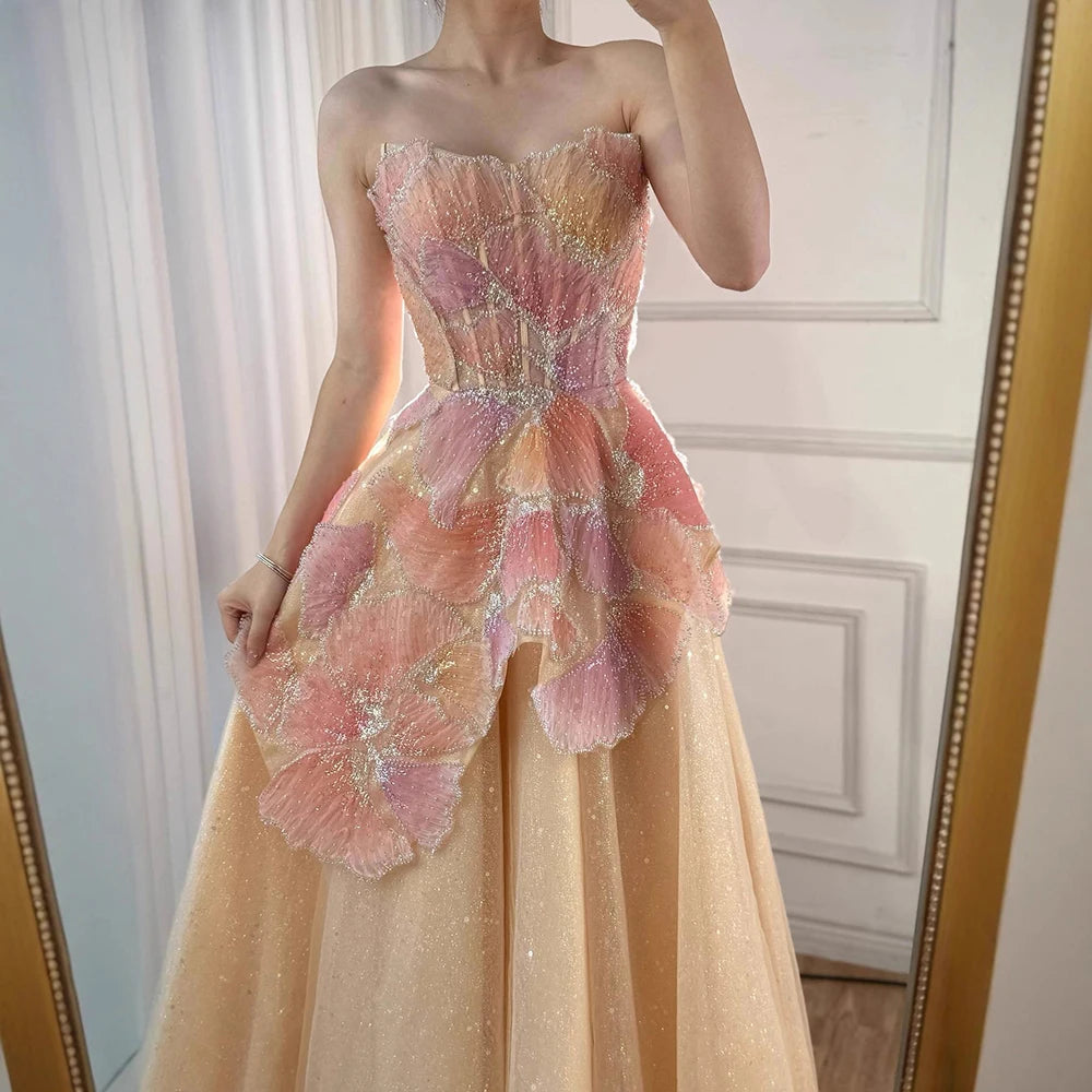 Luxury Peach Floral Appliqué A-Line Sparkly Evening Dress LA73185 - SERENE HILL
