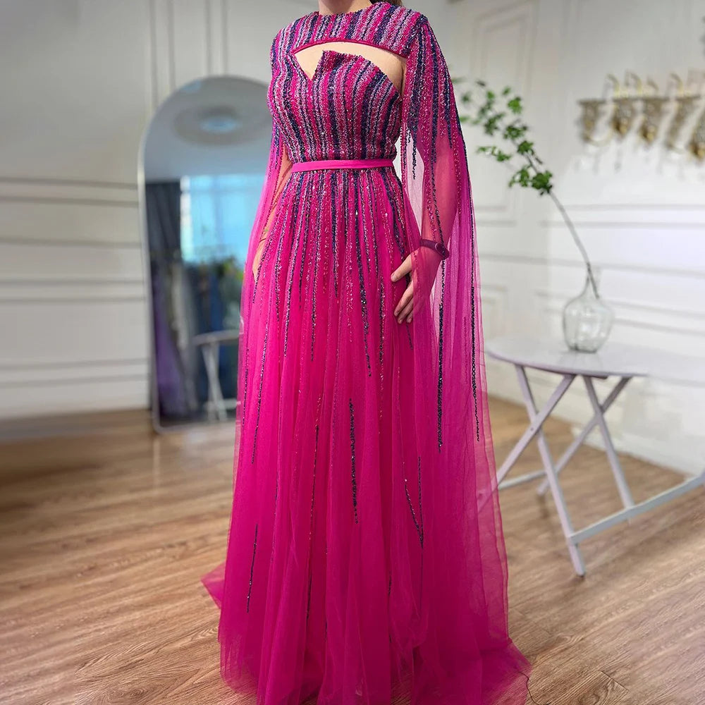 Luxury Dubai Fuchsia Evening Dress with Cape Sleeves LA71912 - SERENE HILL