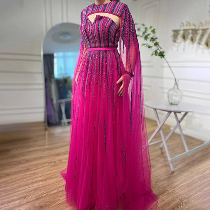 Luxury Dubai Fuchsia Evening Dress with Cape Sleeves LA71912 - SERENE HILL