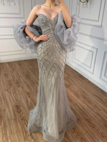 Serene Hill Beaded Gray Diamond Evening Dress With Cape LA73411 - SERENE HILL