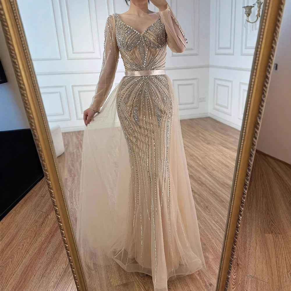 Luxury Nude Beaded Evening Dress with Detachable Overskirt LA73156 - SERENE HILL