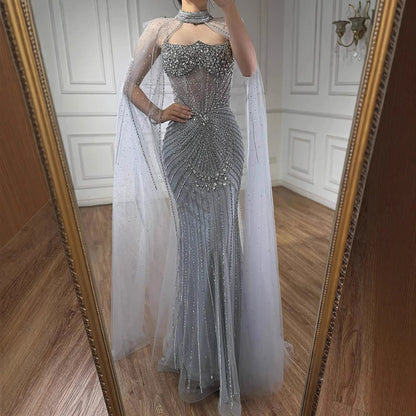 Luxury Turquoise Crystal Beaded Evening Dress with Cape LA73202 - SERENE HILL
