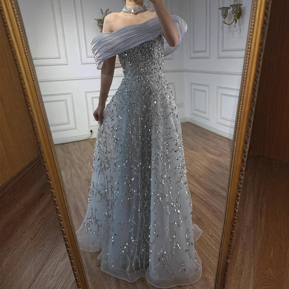 Glamorous Silver Gray Off-Shoulder Beaded Evening Dress LA73062 - SERENE HILL